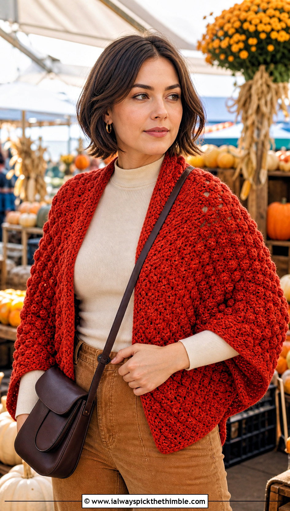 Bobble Stitch Crochet Shawl With Corduroy Pants And Boots - 25 crochet shawl outfit ideas