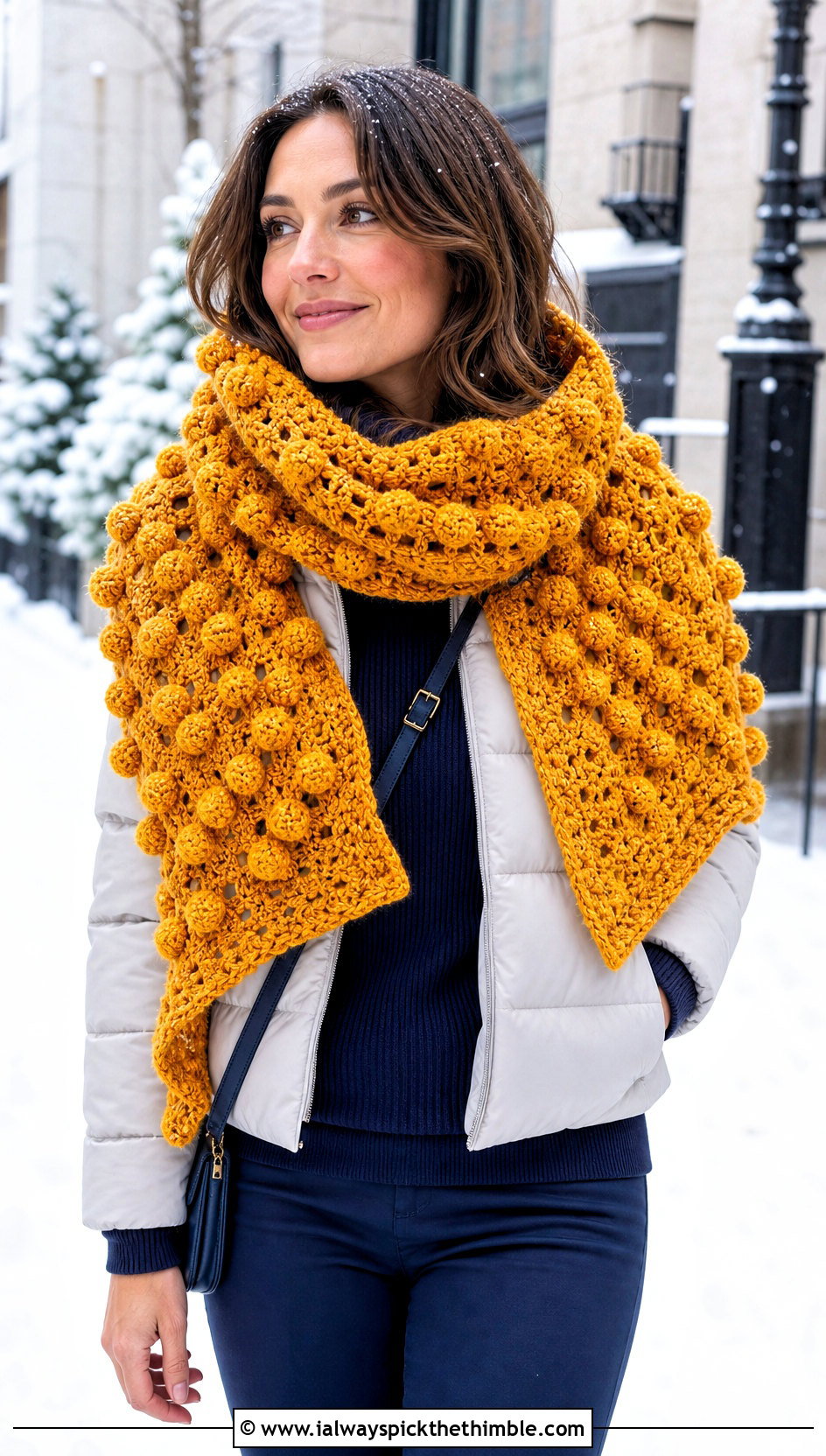 Bobble Stitch Crochet Shawl With Puffer Coat - 20 winter crochet shawl outfit ideas