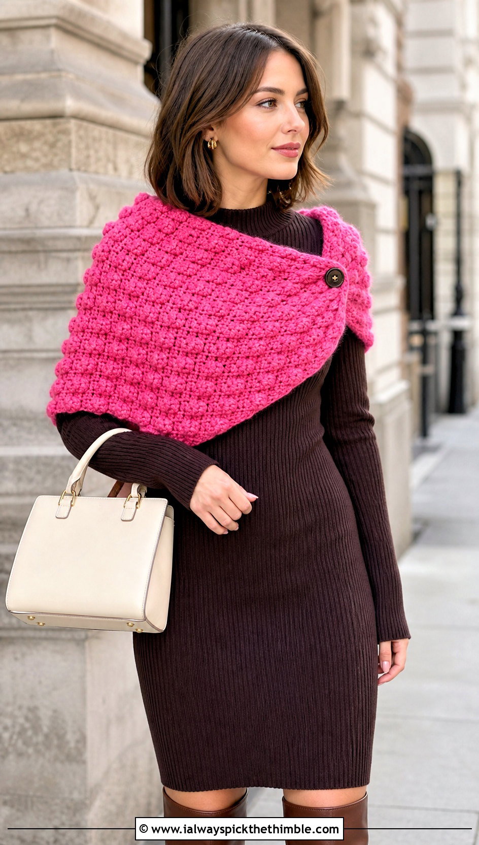 Bobble Stitch Crochet Shawlette With a Sweater Dress - 20 one skein crochet shawl outfit ideas