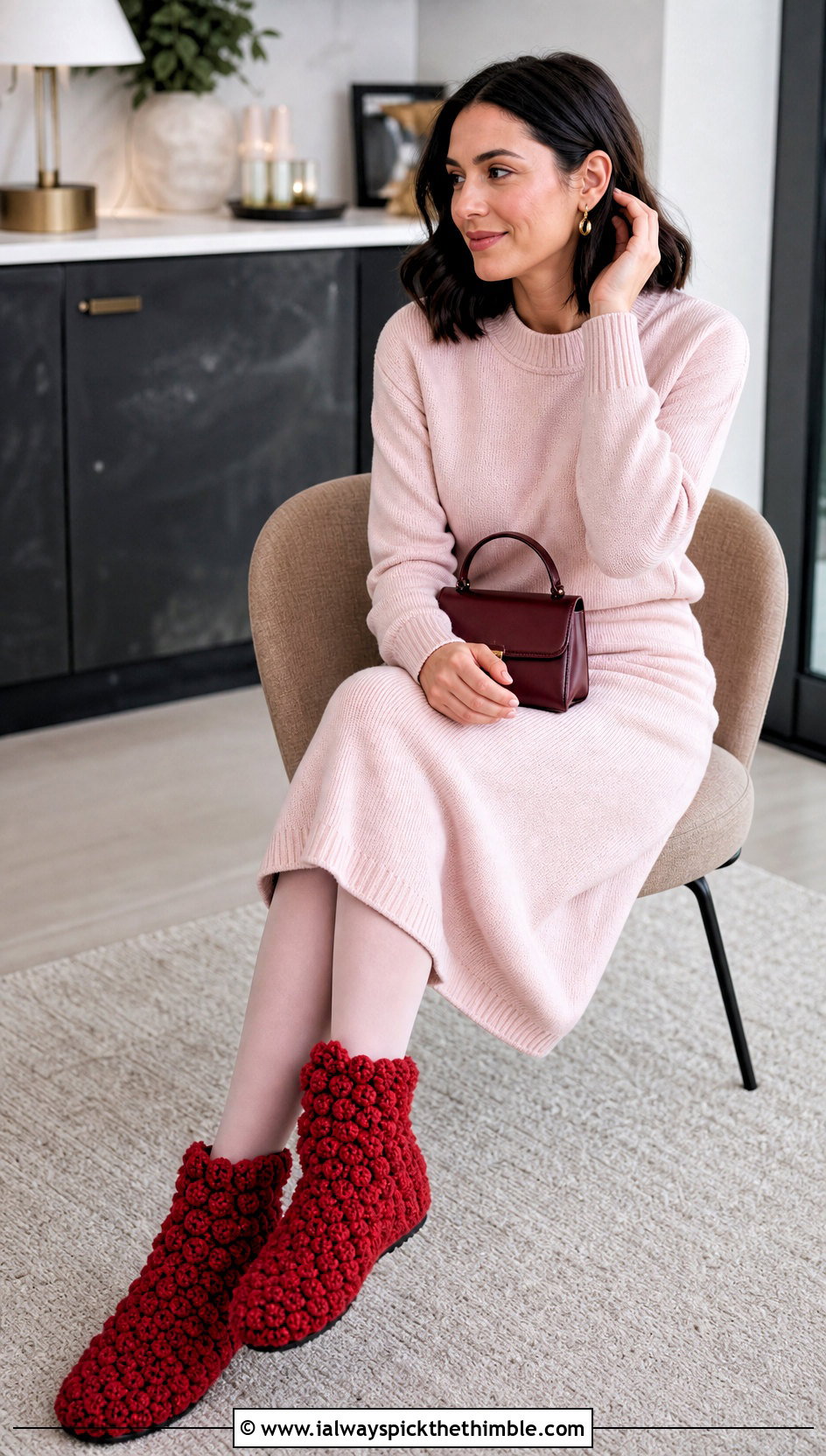 Bobble Stitch Crochet Slipper Boots With Sweater Set - 25 crochet slipper boots outfit ideas