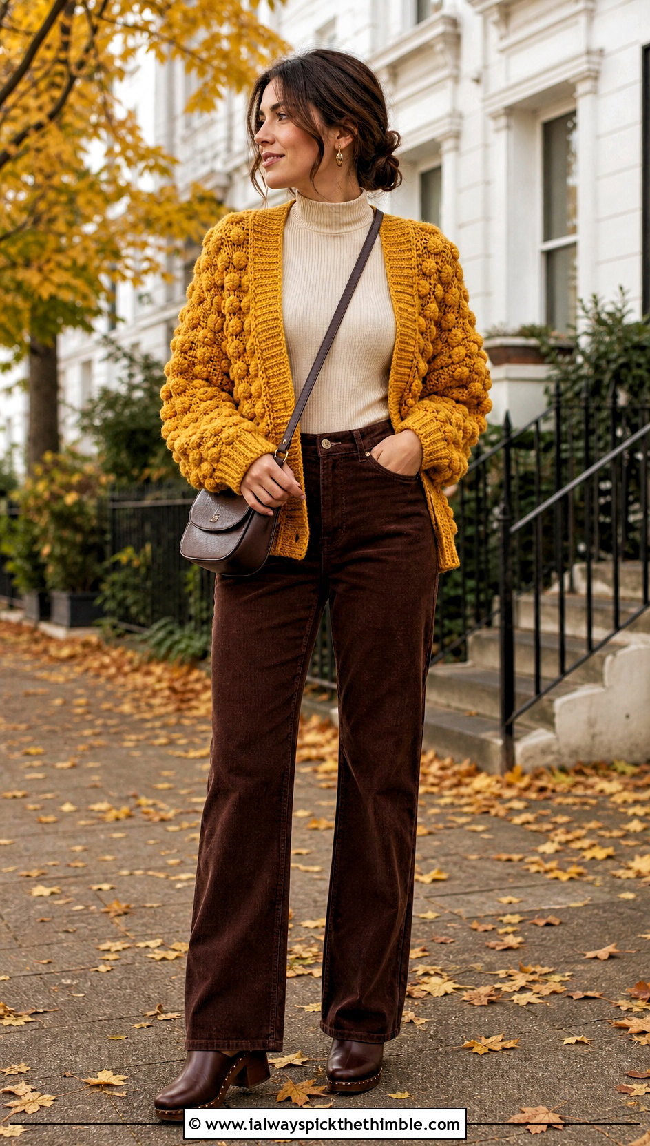 Bobble Stitch Crochet Slouchy Cardigan With Corduroy Pants - 20 Crochet Slouchy Cardigan outfit ideas