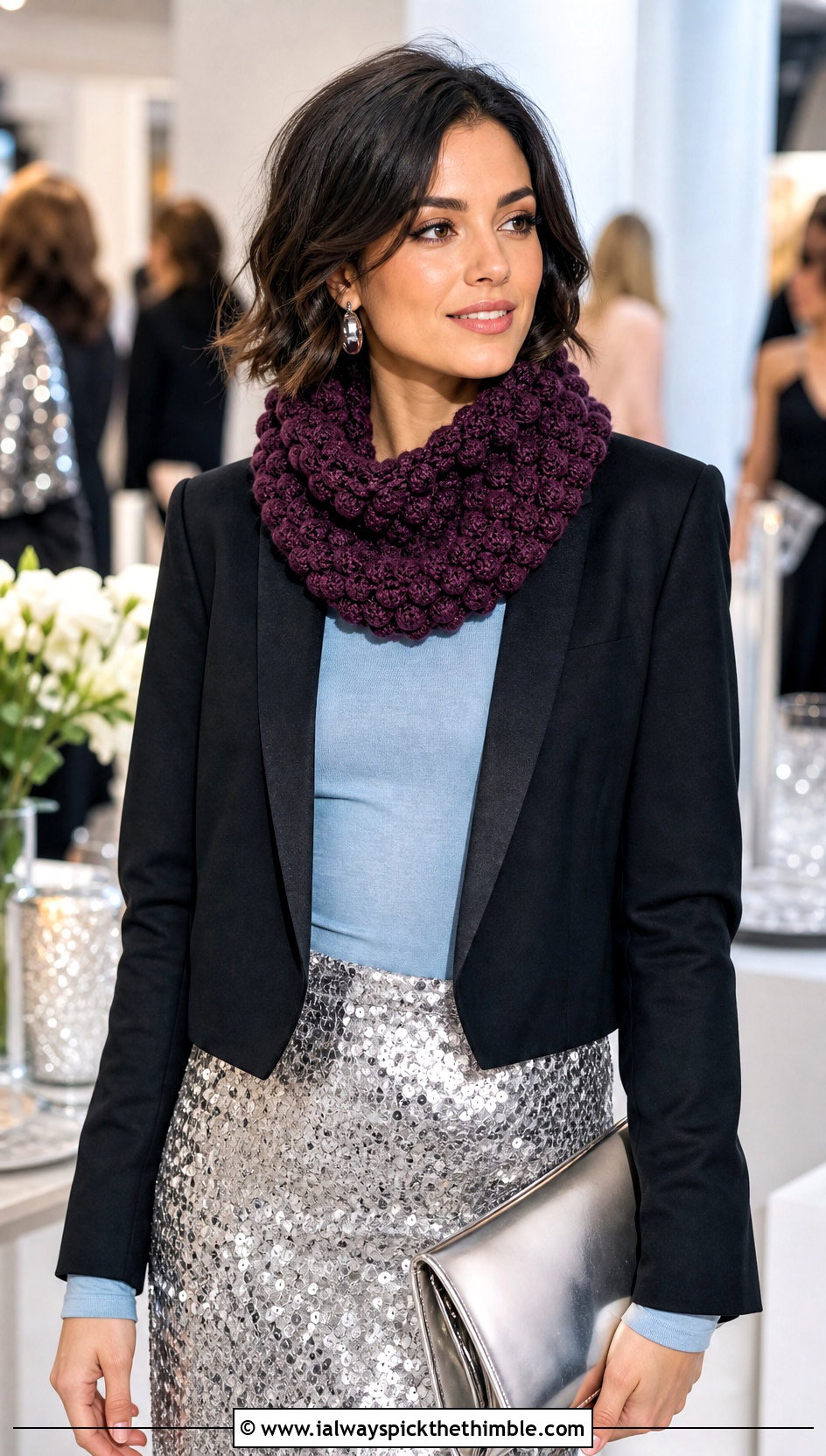 Bobble Stitch Crochet Snood Cowl With Sequin Skirt - 20 crochet snood cowl outfit ideas