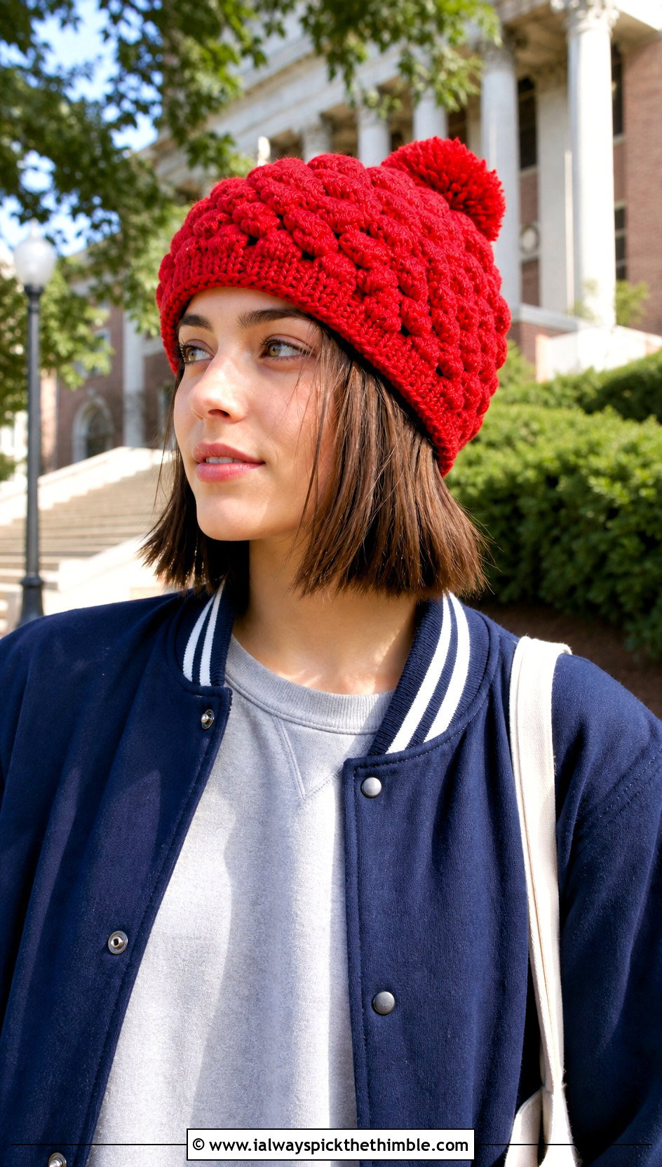 Bobble Stitch Crochet Stocking Cap With Varsity Jacket - 20 crochet stocking cap outfit ideas