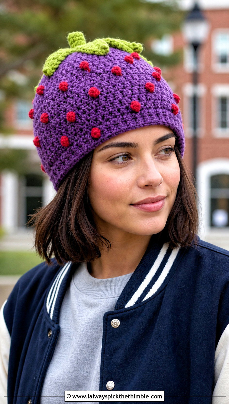 Bobble Stitch Crochet Strawberry Beanie With Varsity Jacket - 20 Crochet Strawberry Beanie outfit ideas