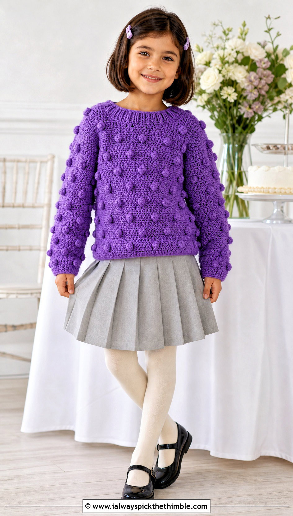Bobble Stitch Crochet Sweater With Pleated Skirt - 15 Crochet Childs Sweater outfit ideas