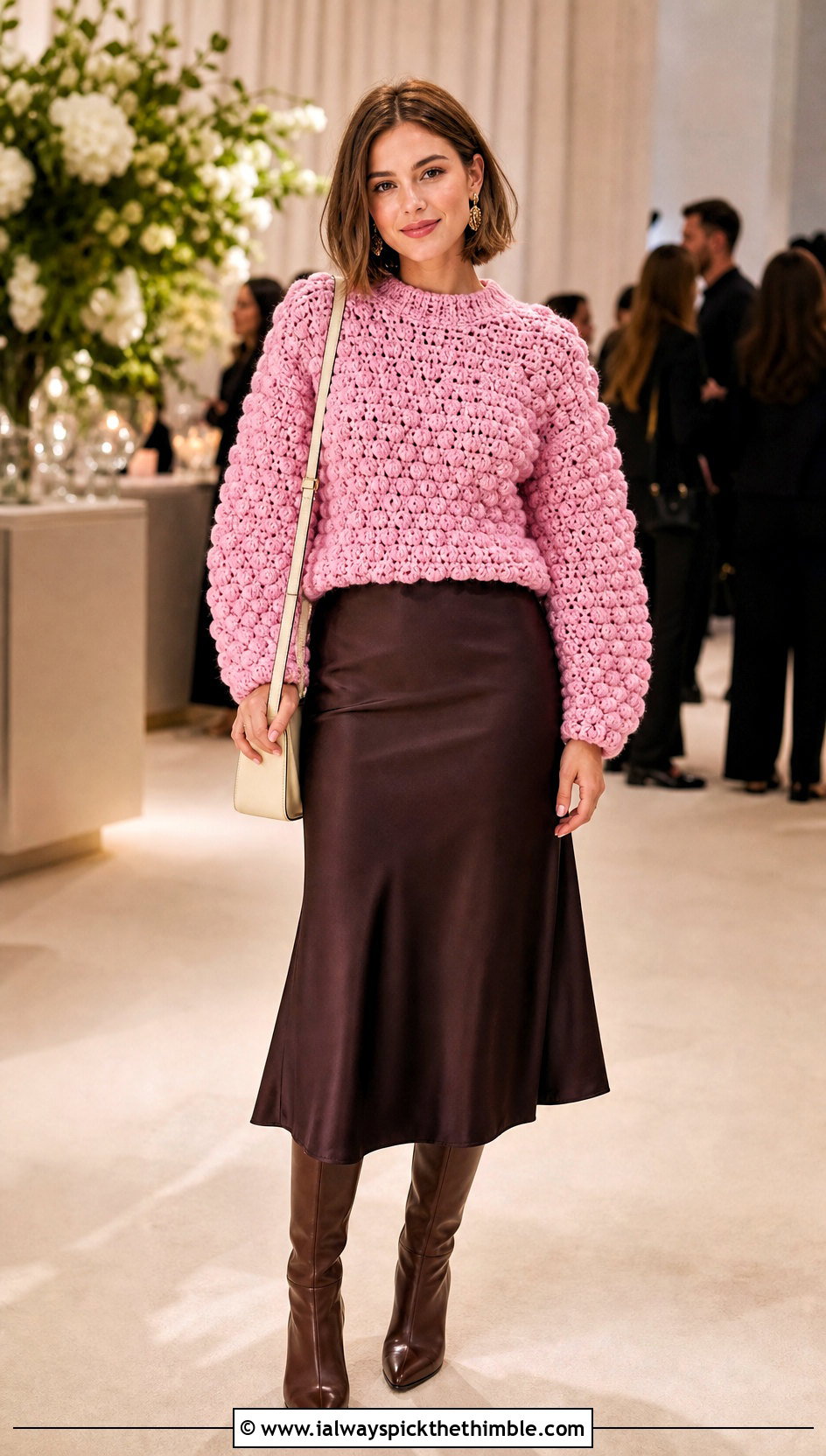 Bobble Stitch Crochet Sweater With Satin Midi Skirt - 20 thick yarn crochet sweater outfit ideas
