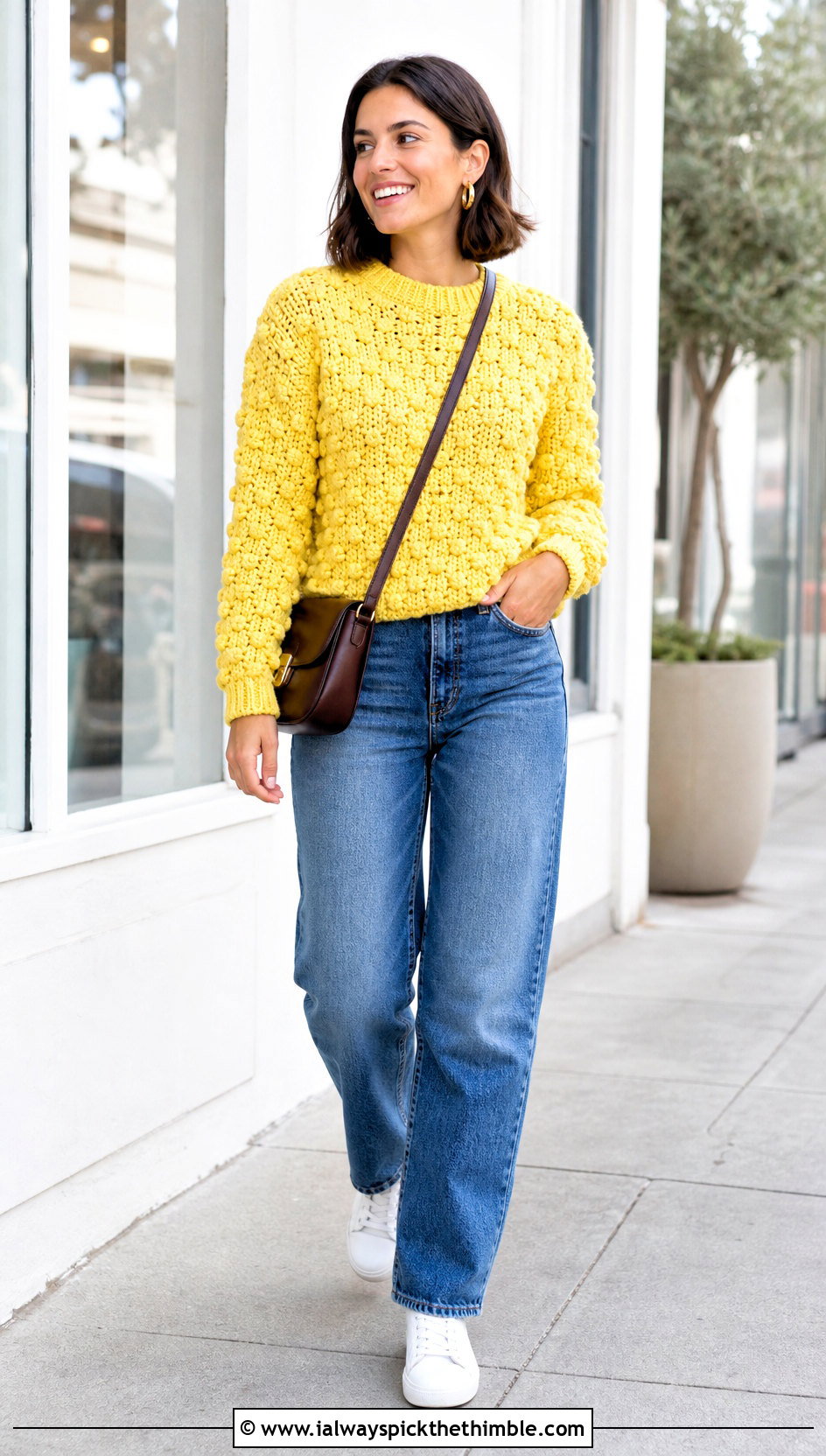 Bobble Stitch Crochet Sweater With Straight Leg Jeans - 20 Crochet Textured Sweater outfit ideas