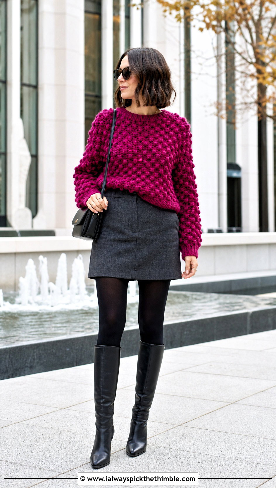 Bobble Stitch Crochet Sweater With Tailored Mini Skirt - 20 chunky yarn crochet sweater outfit ideas