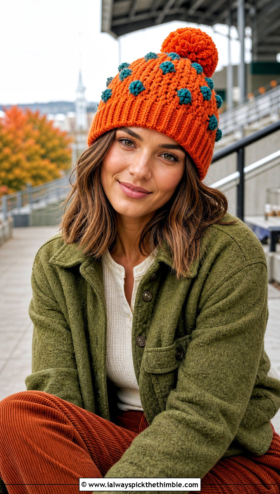 Bobble Stitch Crochet Team Hat With Shacket And Corduroy Pants - 20 Crochet Team Hat outfit ideas