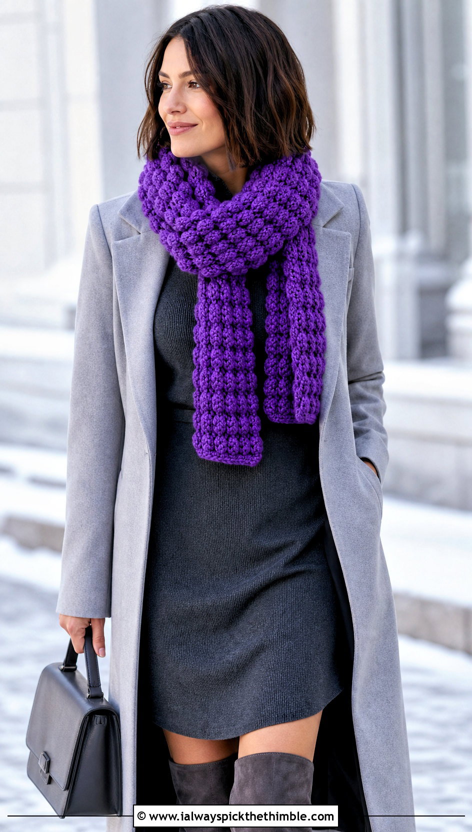 Bobble Stitch Crochet Textured Scarf With Sweater Dress - 20 Crochet Textured Scarf outfit ideas