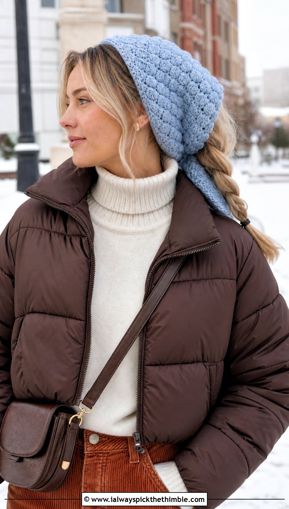 Bobble Stitch Crochet Triangle Hair Scarf With Puffer Jacket And Corduroy Pants - 20 crochet triangle hair scarf outfit ideas