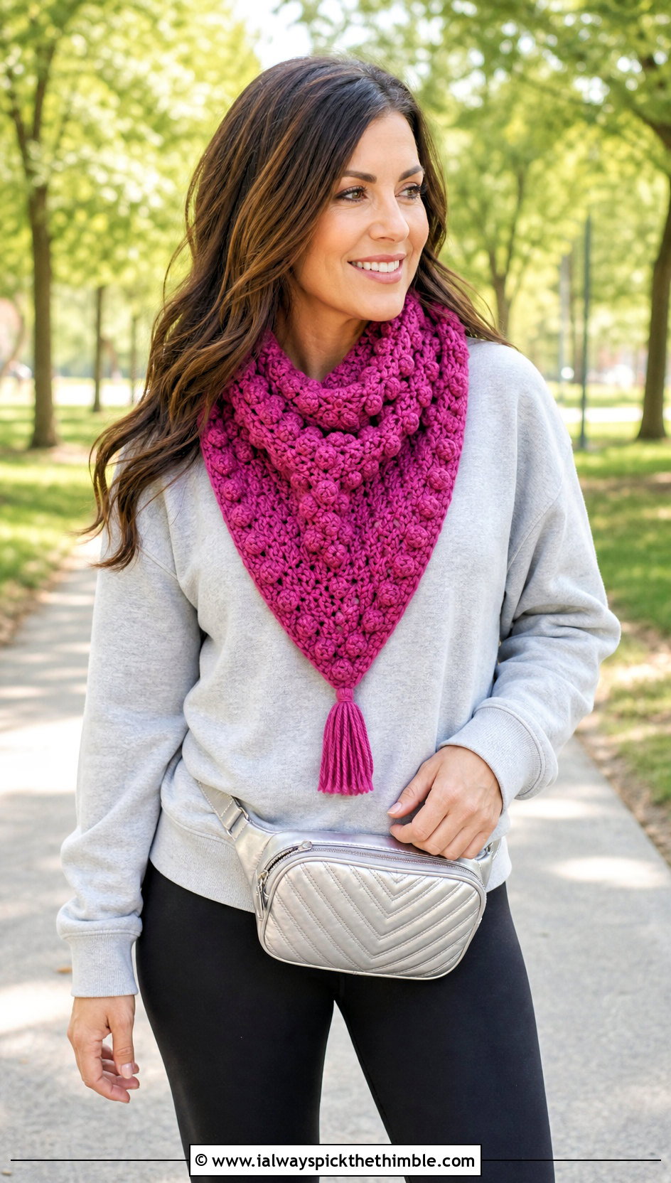 Bobble Stitch Crochet Triangle Scarf With Sweatshirt And Leggings - 25 crochet triangle scarf outfit ideas