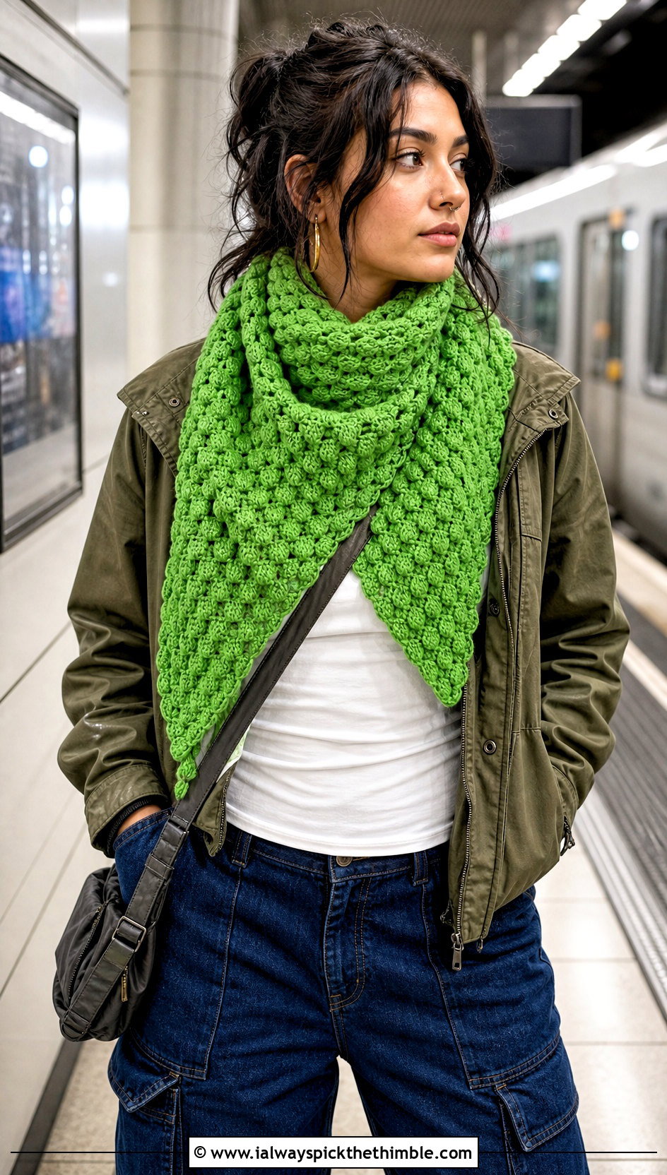 Bobble Stitch Crochet Triangle Shawl With Cargo Pants - 25 crochet triangle shawl outfit ideas