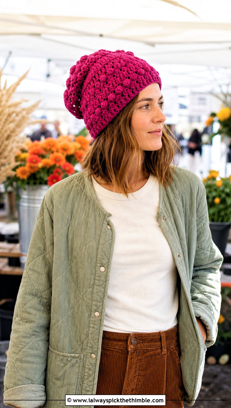 Bobble Stitch Crochet Tube Hat With Quilted Jacket - 20 Crochet Tube Hat outfit ideas