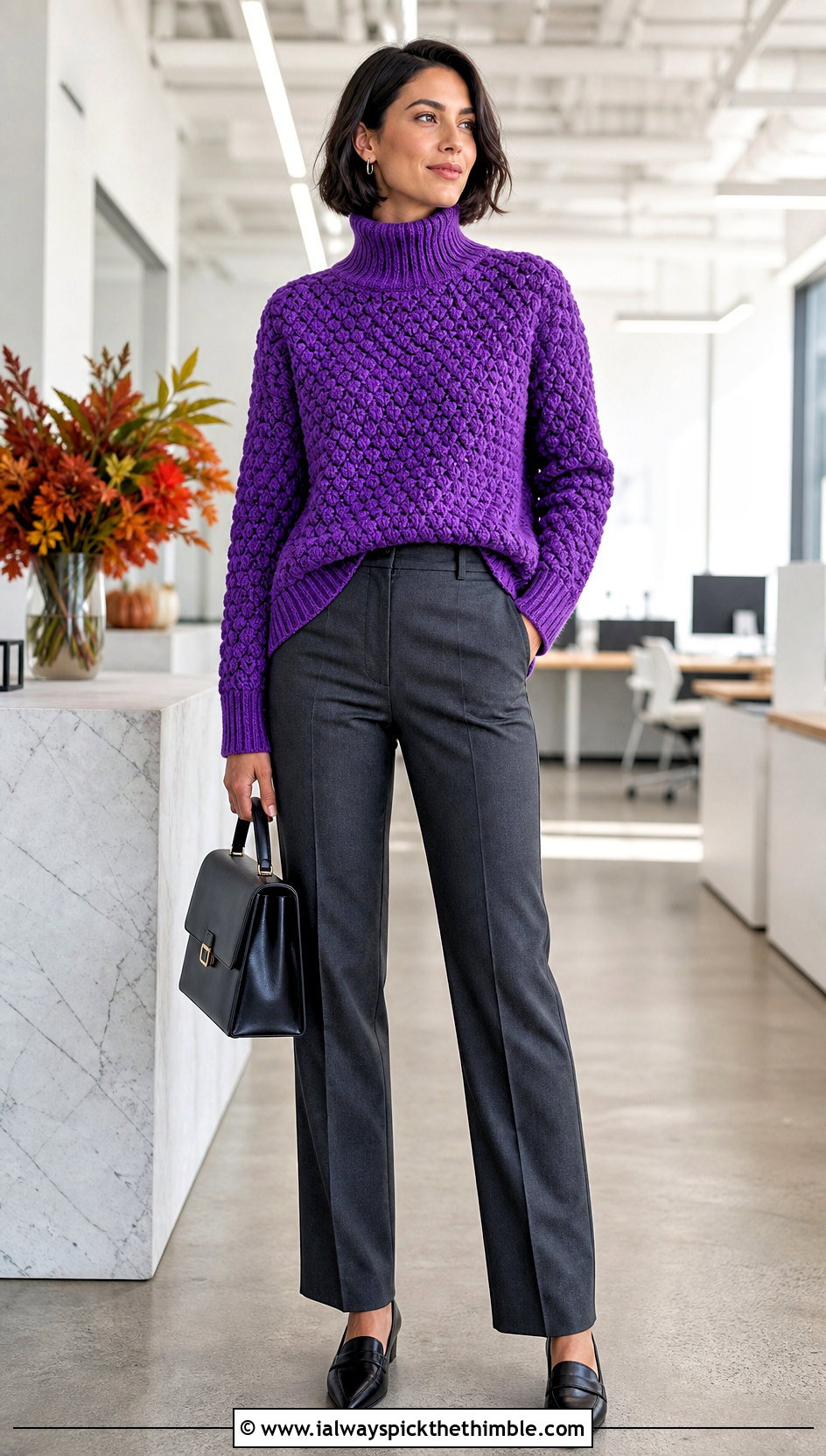 Bobble Stitch Crochet Turtleneck Sweater With Tailored Trousers - 20 Crochet Thanksgiving Sweater outfit ideas