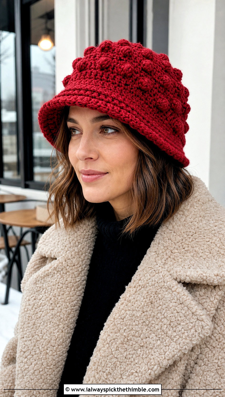 Bobble Stitch Crochet Winter Bucket Hat With Teddy Coat - 25 crochet winter bucket hat outfit ideas