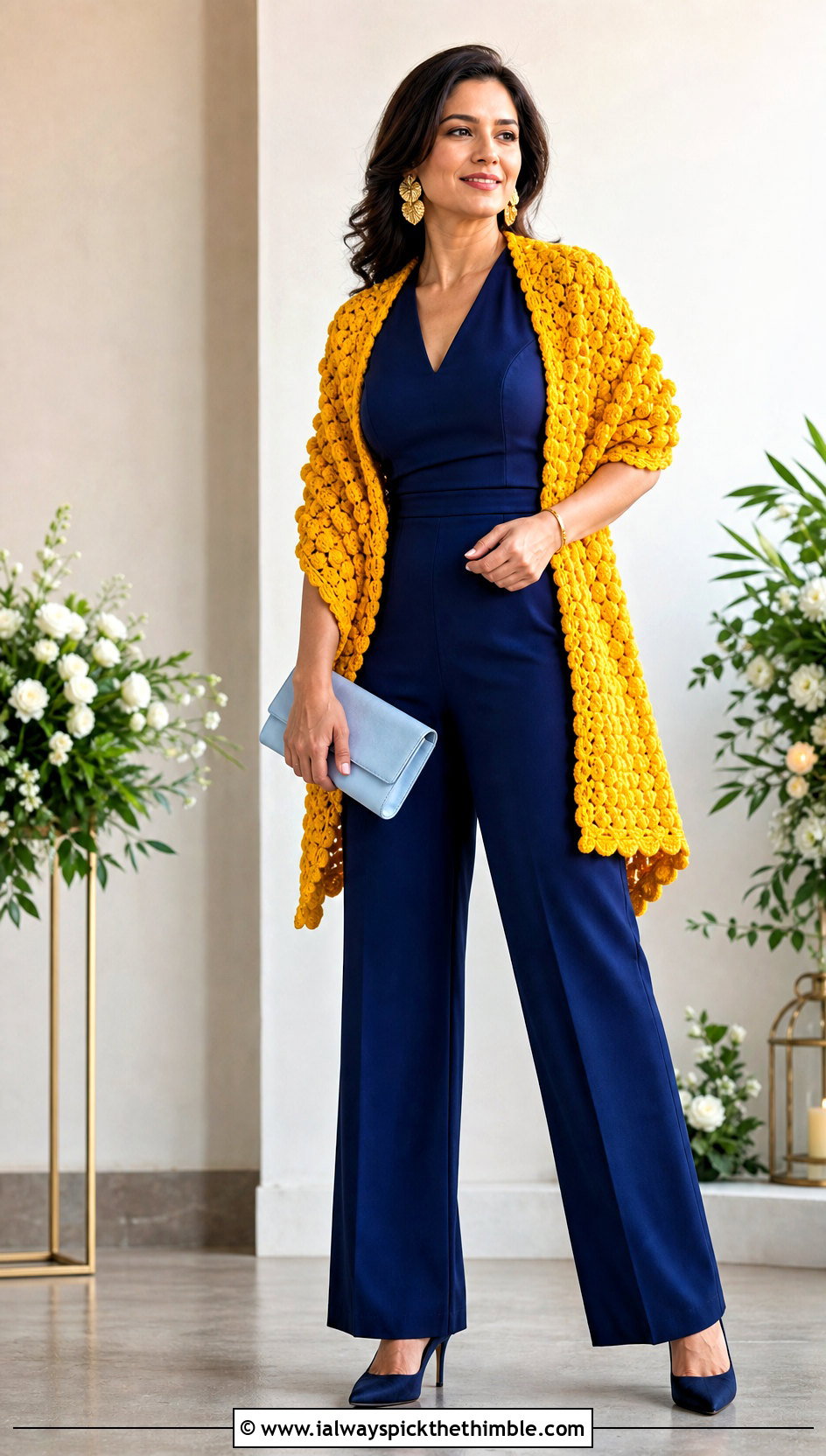 Bobble Stitch Crochet Wrap With A Tailored Jumpsuit - 25 crochet wrap outfit ideas