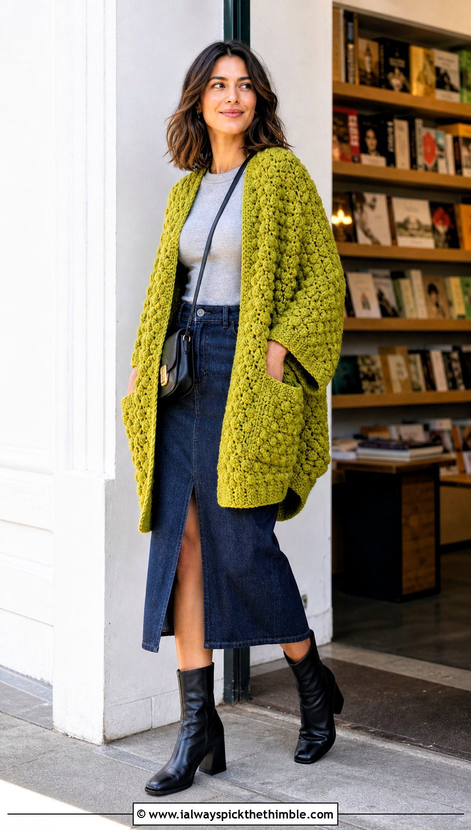 Bobble Stitch Crochet Wrap With Denim Midi Skirt - 25 crochet wrap with pockets outfit ideas