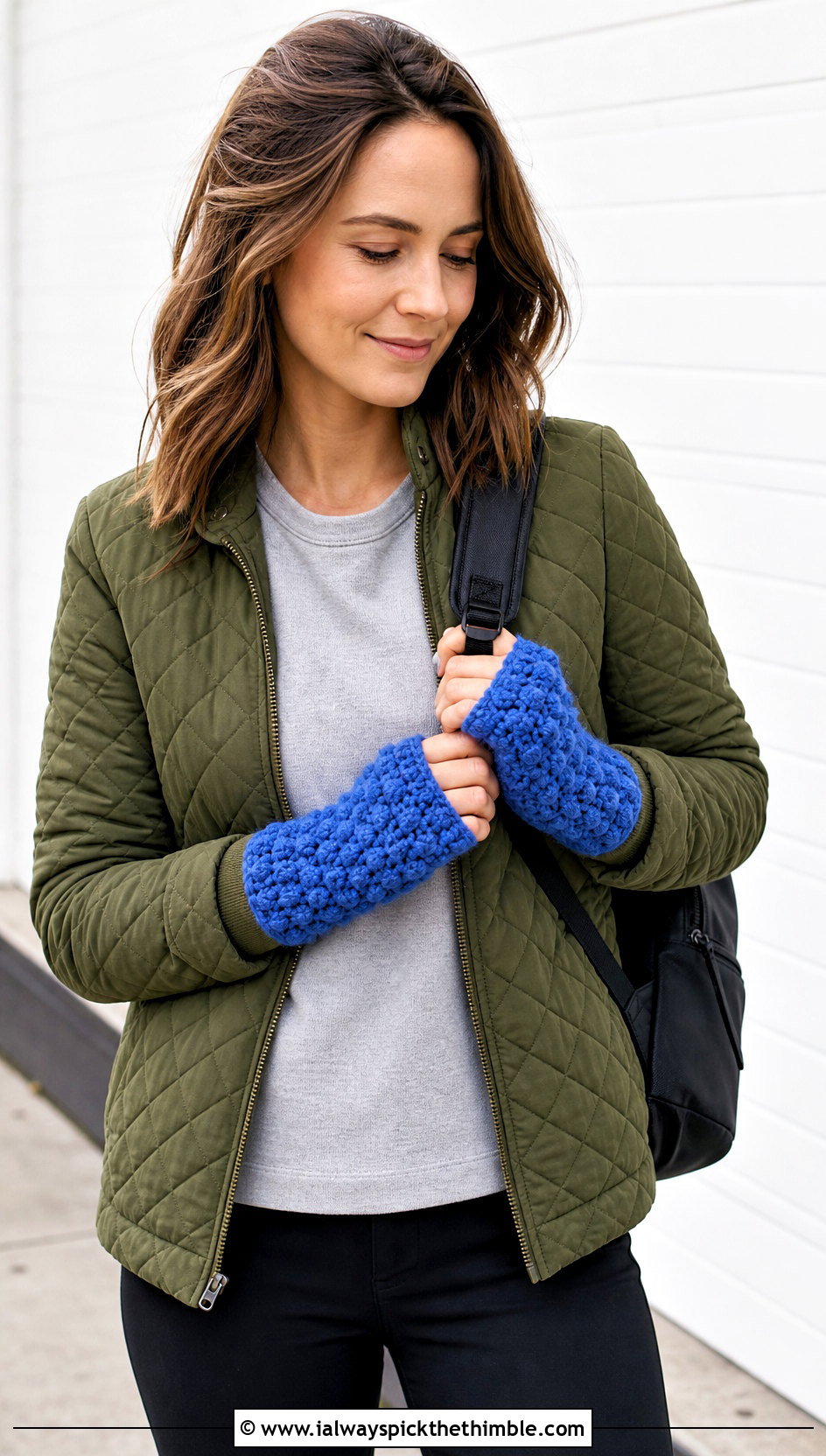 Bobble Stitch Crochet Wrist Warmers With Quilted Jacket - 25 crochet hand warmer outfit ideas