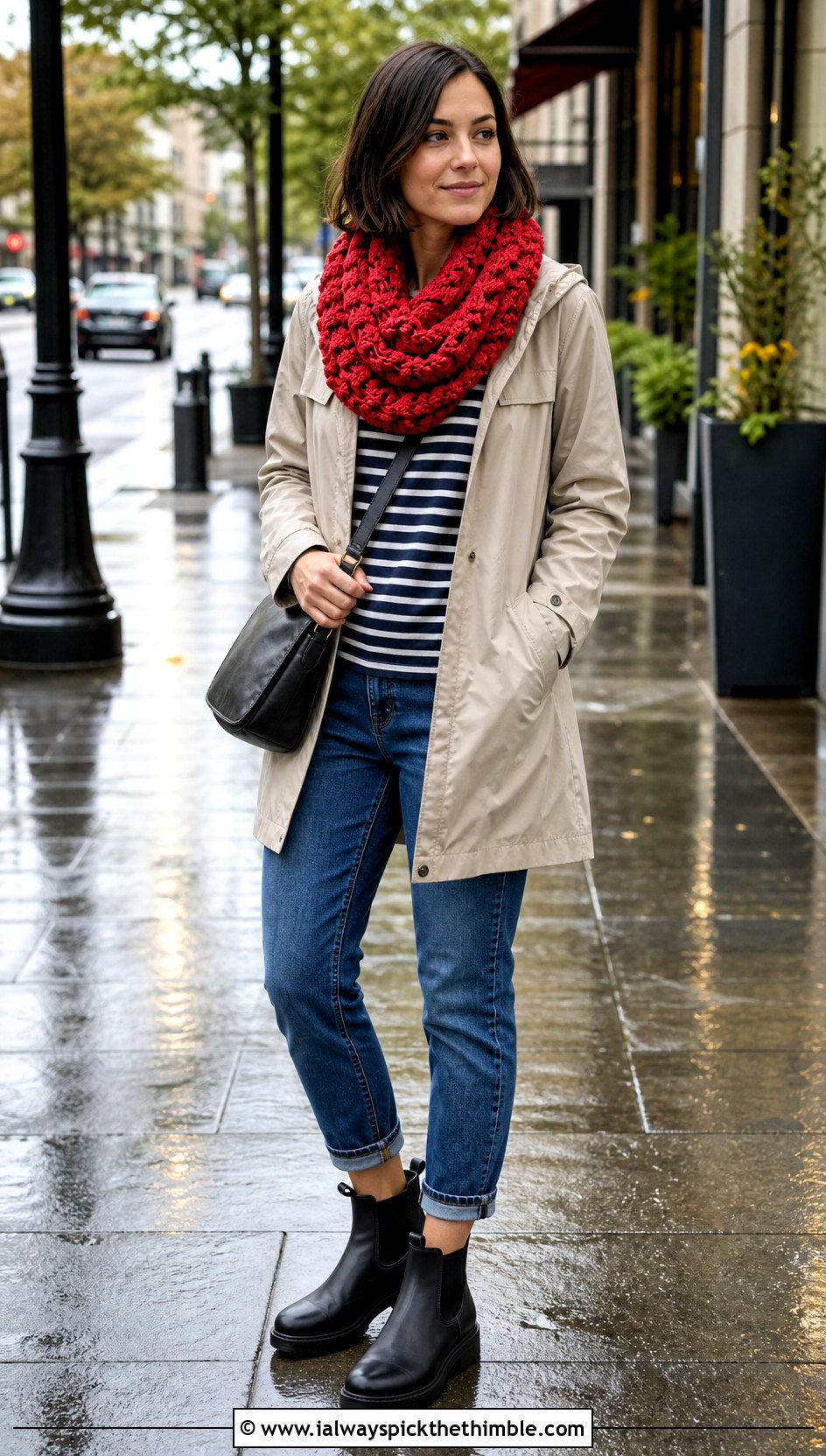Bobble Stitch Crocheted Infinity Scarf With Raincoat And Jeans - 20 Crocheted Infinity Scarf outfit ideas