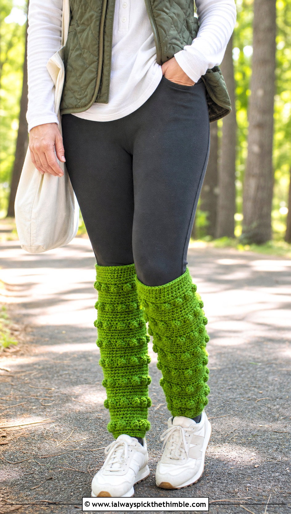 Bobble Stitch Crocheted Leg Warmers With A Quilted Vest - 25 Crocheted Leg Warmers outfit ideas