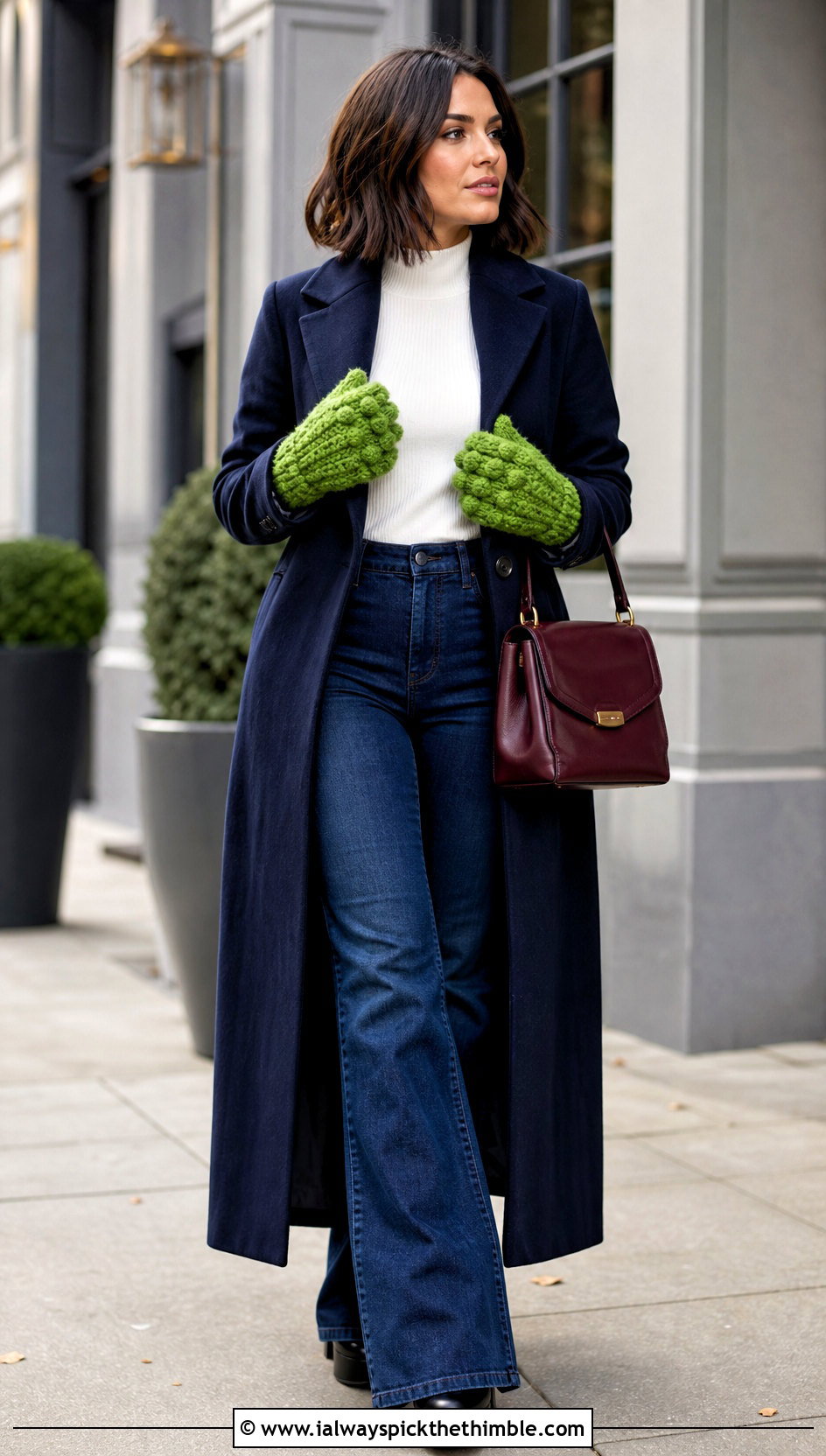 Bobble Stitch Crocheted Mittens With Maxi Coat - 20 Crocheted Mittens outfit ideas