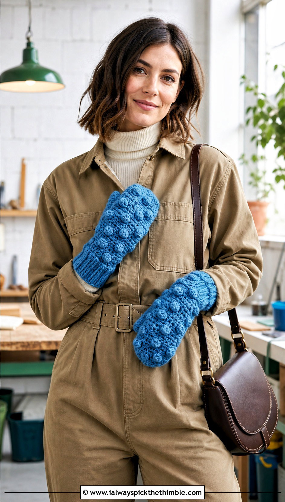 Bobble Stitch Crocheted Mittens With Utility Jumpsuit - 20 Easy Crocheted Mittens outfit ideas