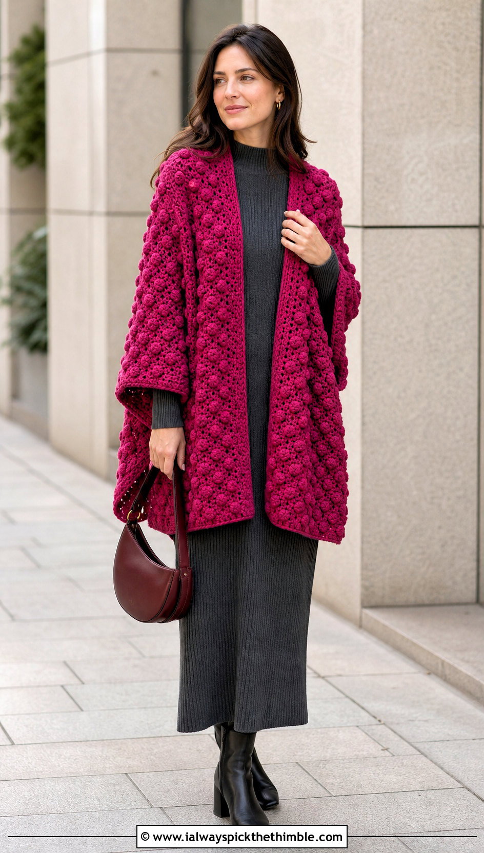Bobble Stitch Crocheted Ruana With Ribbed Knit Dress - 20 Crocheted Ruana outfit ideas