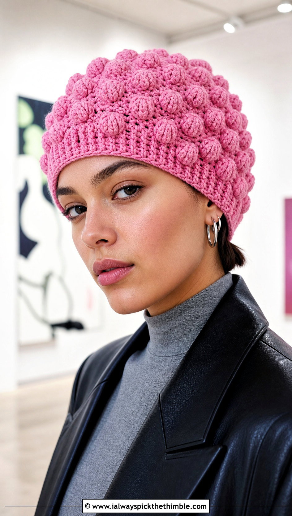 Bobble Stitch Crocheted Stocking Cap With Leather Blazer - 15 Crocheted Stocking Cap outfit ideas