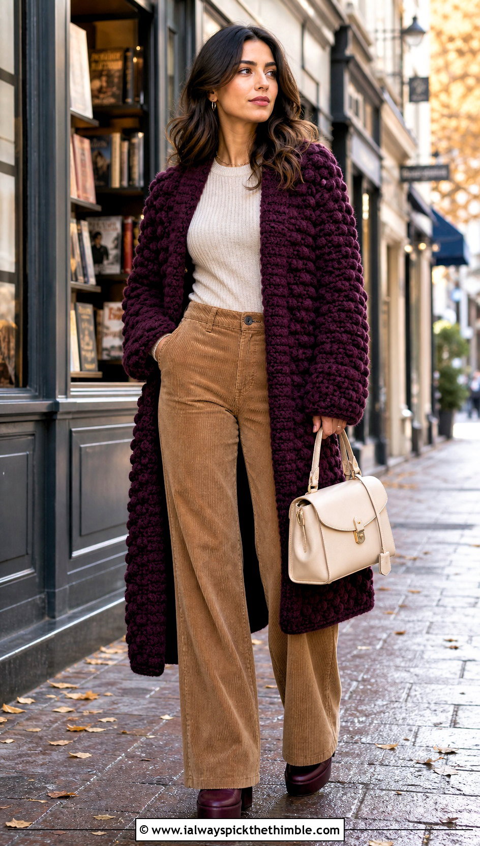 Bobble Stitch Crocheted Sweater Coat With Corduroy Pants - 15 colorful crocheted sweater coat outfit ideas