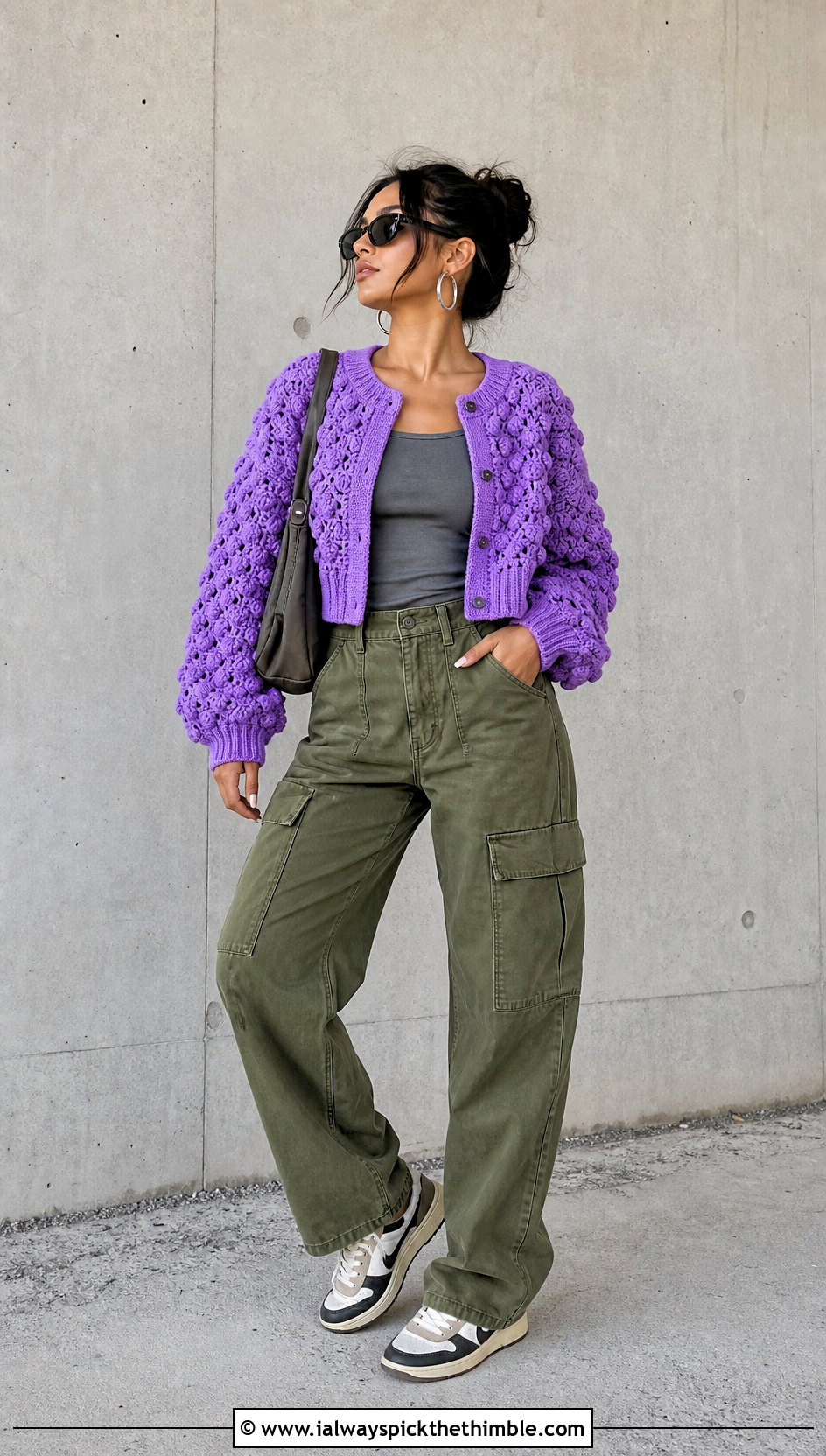 Bobble Stitch Cropped Cardigan With Cargo Pants - 20 crocheted cropped cardigan outfit ideas