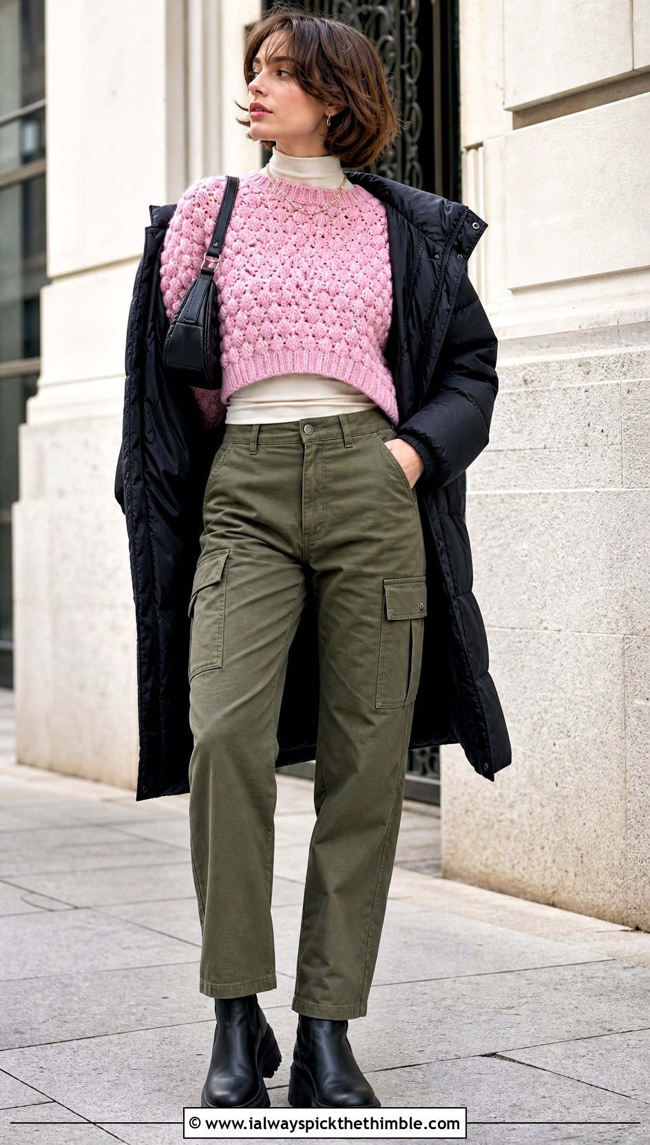 Bobble Stitch Cropped Crochet Sweater With Cargo Pants - 20 crochet winter sweater outfit ideas