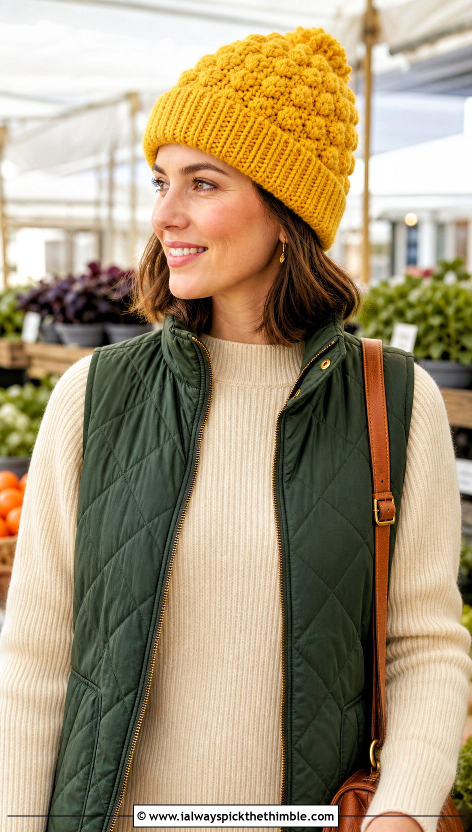 Bobble Stitch Cuffed Crochet Beanie With Quilted Vest And Sweater Dress - 15 Cuffed Crochet Beanie outfit ideas