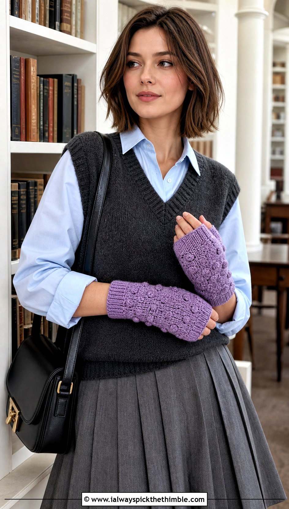 Bobble Stitch DK Yarn Crochet Fingerless Gloves With Sweater Vest And Pleated Skirt - 20 dk yarn crochet fingerless gloves outfit ideas