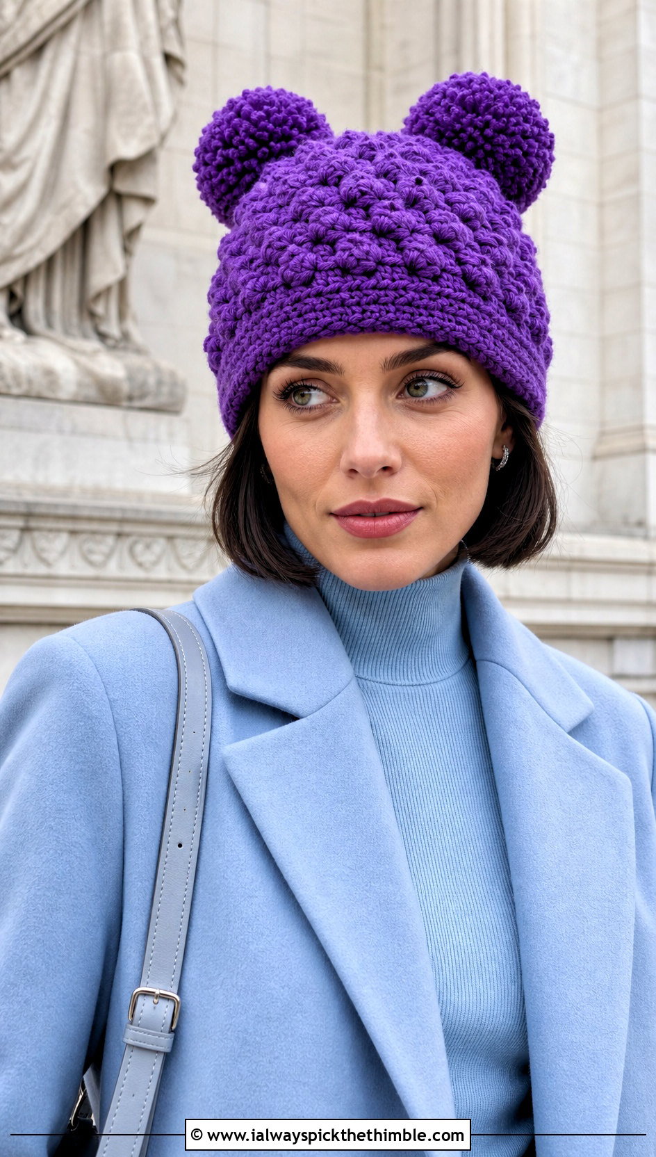 Bobble Stitch Double Pompom Crochet Hat With Monochrome Outfit - 20 Double Pompom Crochet Hat outfit ideas