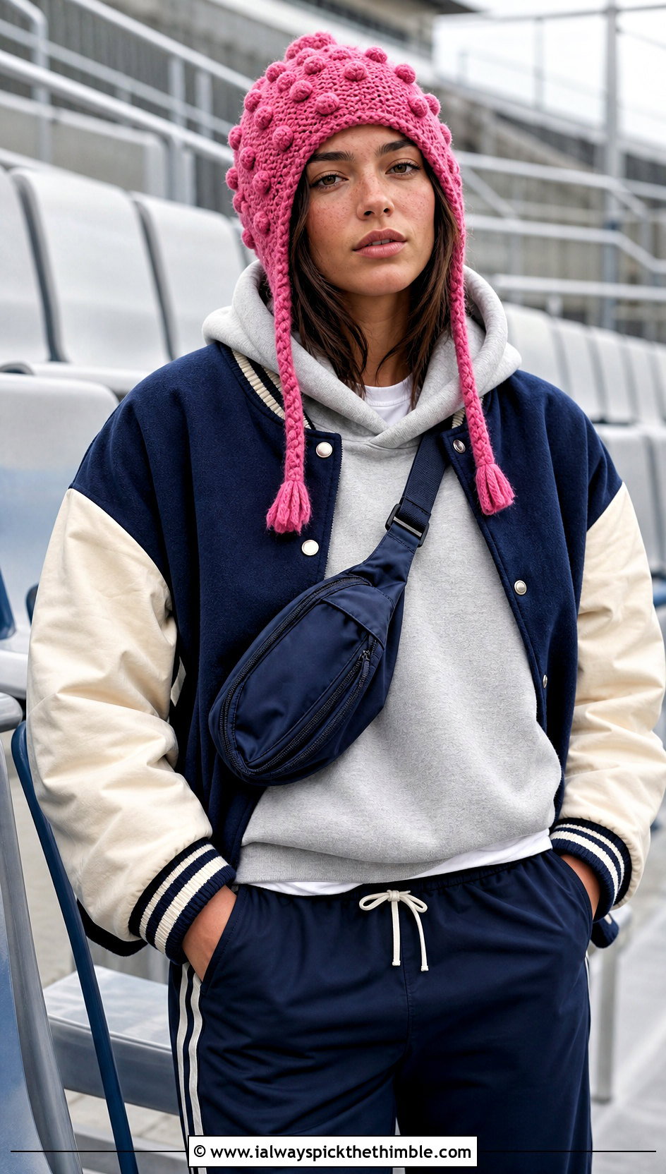 Bobble Stitch Earflap Crochet Beanie With Varsity Jacket - 20 Earflap Crochet Beanie outfit ideas