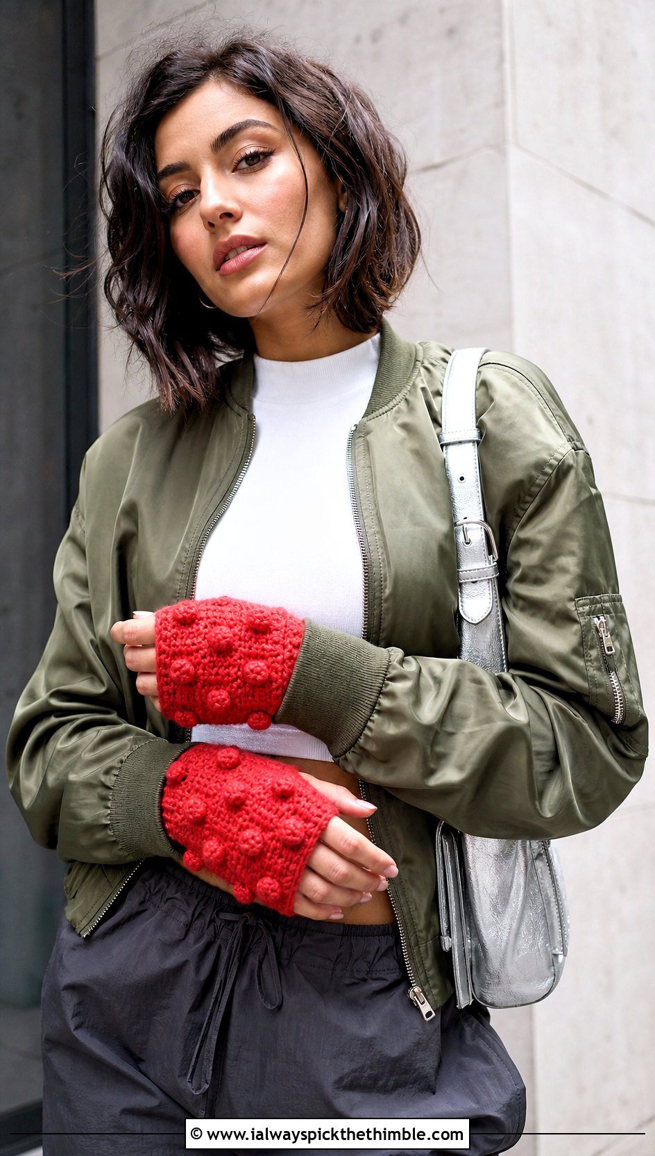 Bobble Stitch Fingerless Crochet Gloves With Bomber Jacket - 25 crochet gloves fingers outfit ideas