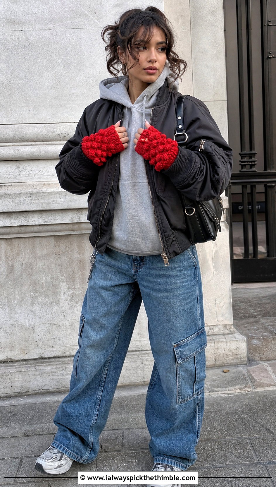 Bobble Stitch Fingerless Crochet Gloves With Streetwear Outfit - 20 fingerless crochet gloves outfit ideas