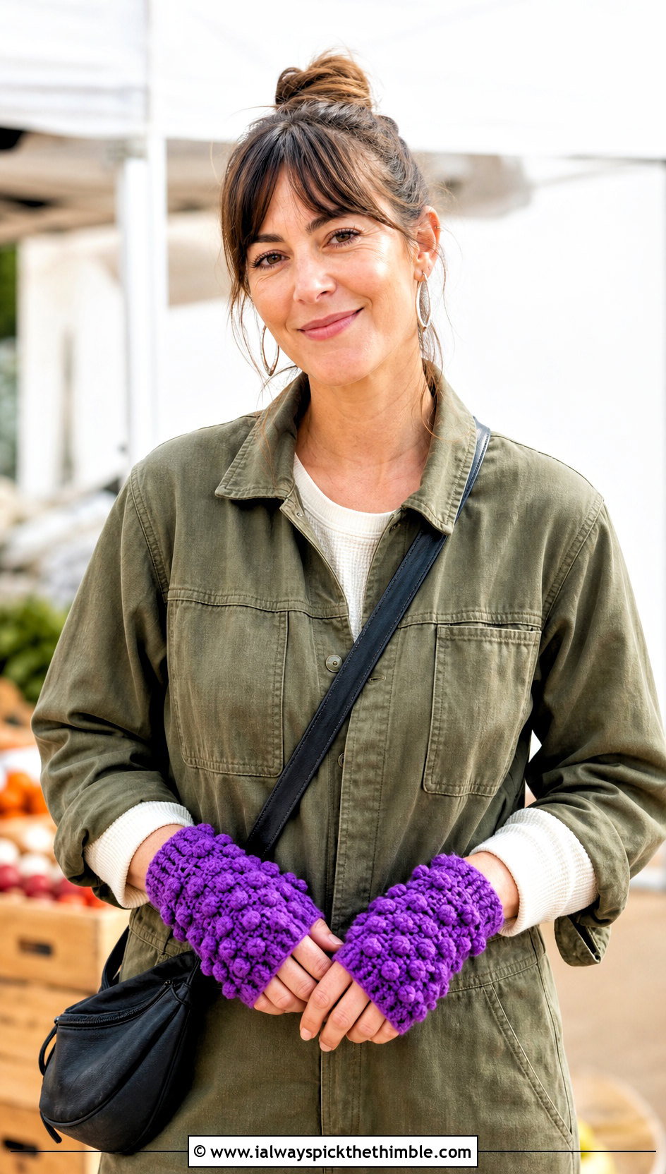 Bobble Stitch Fingerless Gloves With Utility Jumpsuit - 20 Crochet Fingerless Gloves Bulky Yarn outfit ideas