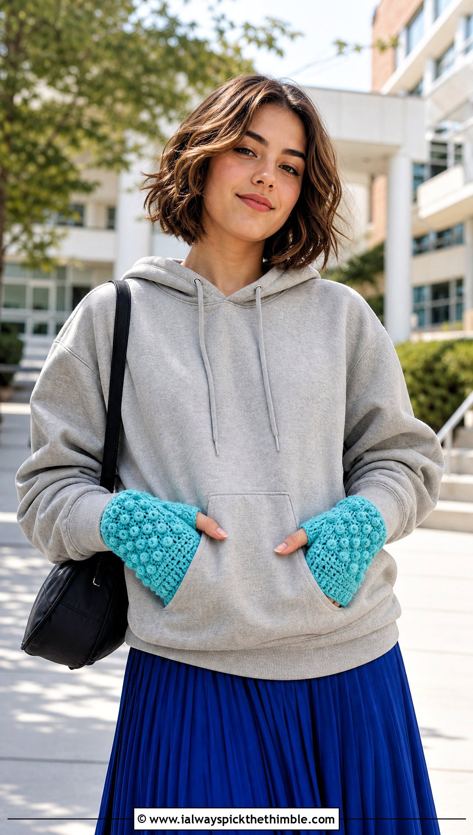 Bobble Stitch Fingerless Mitts With Hoodie And Pleated Skirt - 20 Crochet For Fingerless Gloves outfit ideas