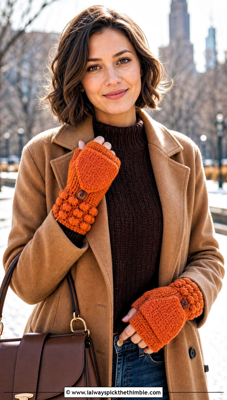 Bobble Stitch Flap Crochet Gloves With Wool Coat - 20 crochet fingerless gloves with flap outfit ideas