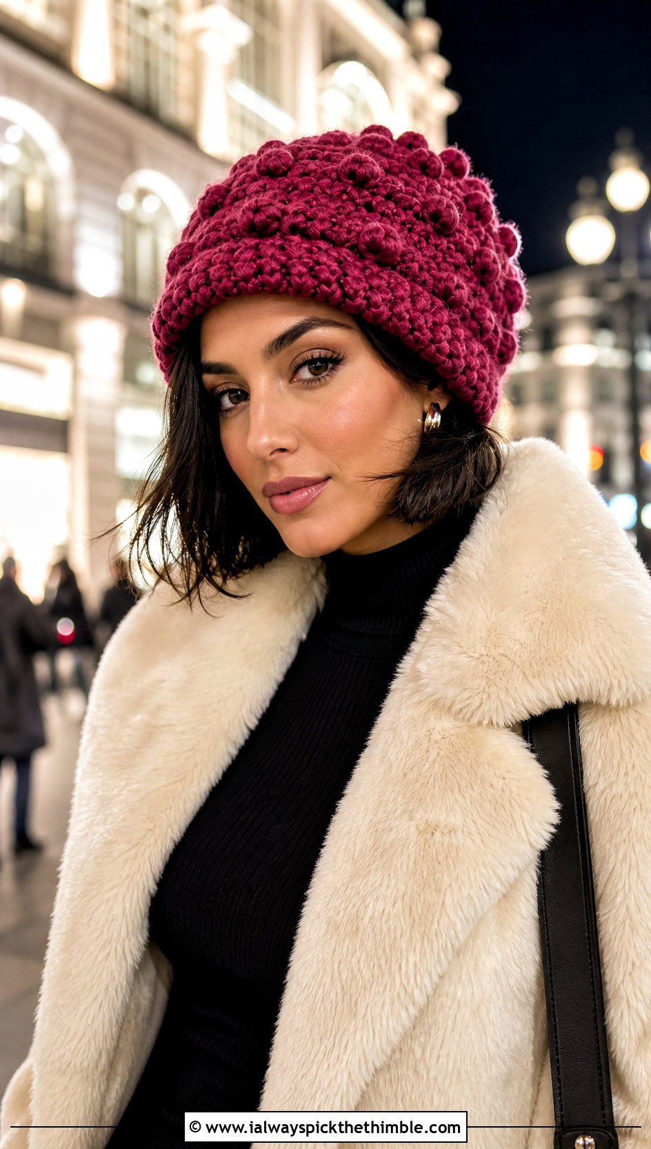 Bobble Stitch Fluffy Crochet Beanie With Faux Fur Coat - 20 fluffy crochet beanie outfit ideas