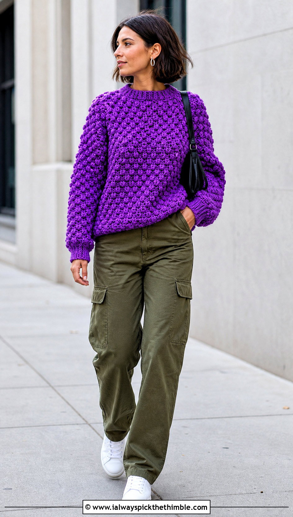Bobble Stitch Fluffy Crochet Sweater With Cargo Pants - 25 fluffy crochet sweater outfit ideas