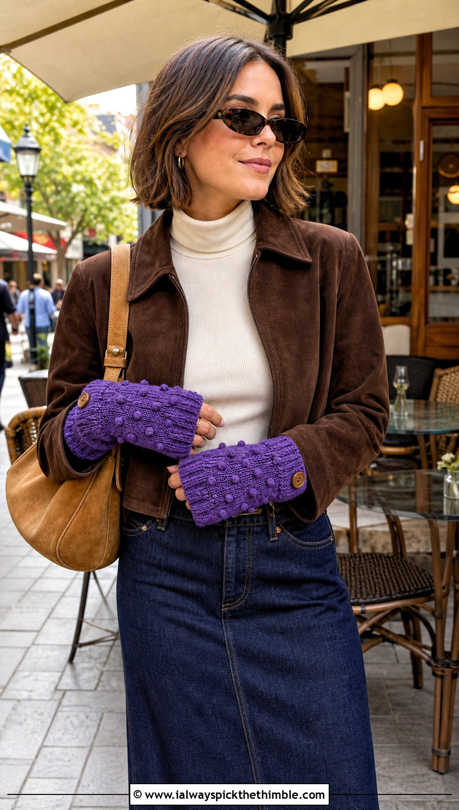 Bobble Stitch Glittens With Suede Jacket And Denim Maxi Skirt - 20 Crochet Convertible Mittens outfit ideas