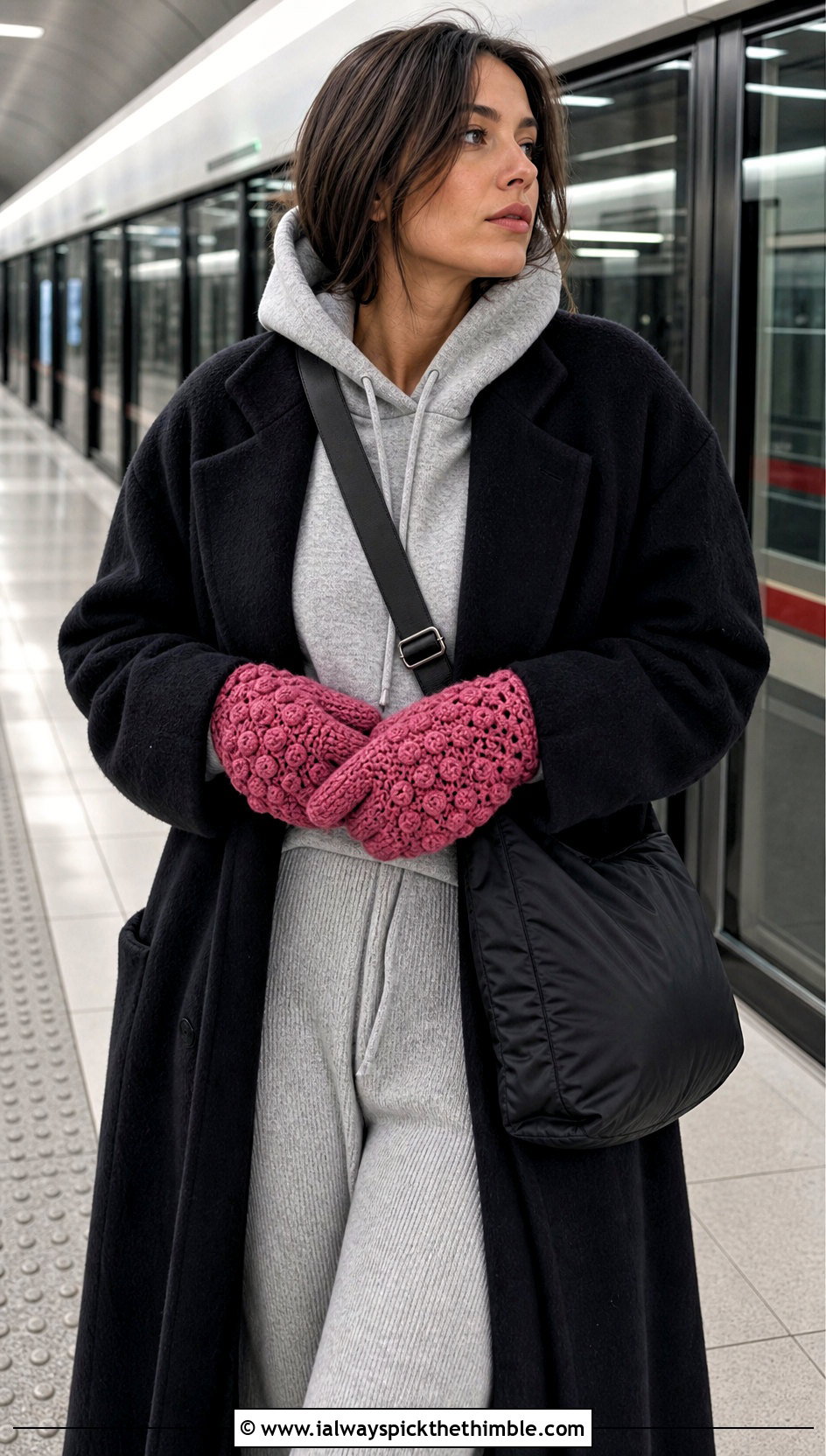 Bobble Stitch Gloves With Hoodie And Wide Leg Pants - 20 crocheted gloves outfit ideas