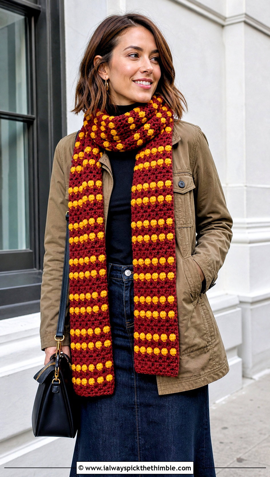 Bobble Stitch Gryffindor Crochet Scarf With Utility Jacket - 20 gryffindor crochet scarf outfit ideas