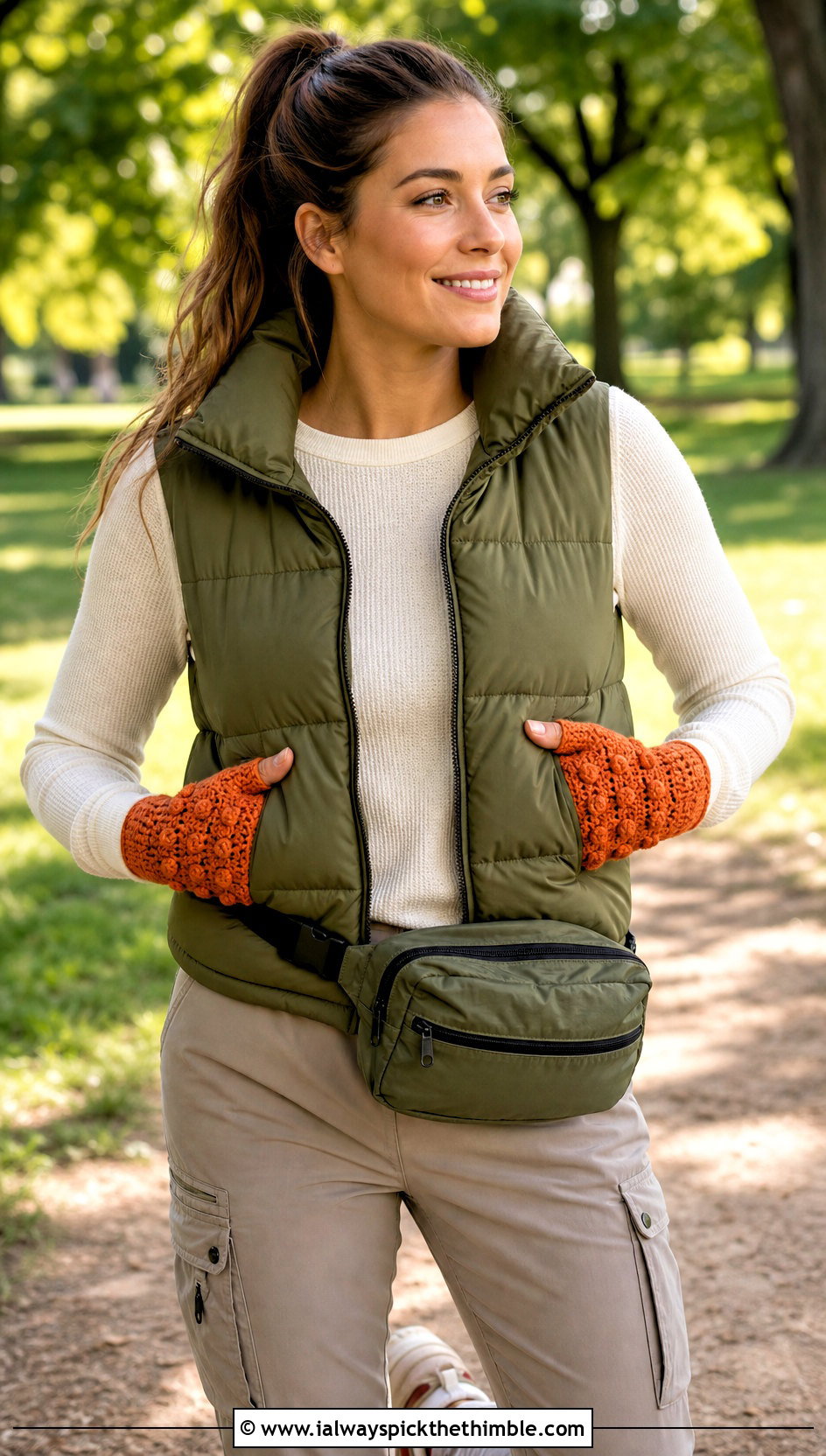 Bobble Stitch Half Finger Gloves With Puffer Vest - 20 crochet half finger gloves outfit ideas