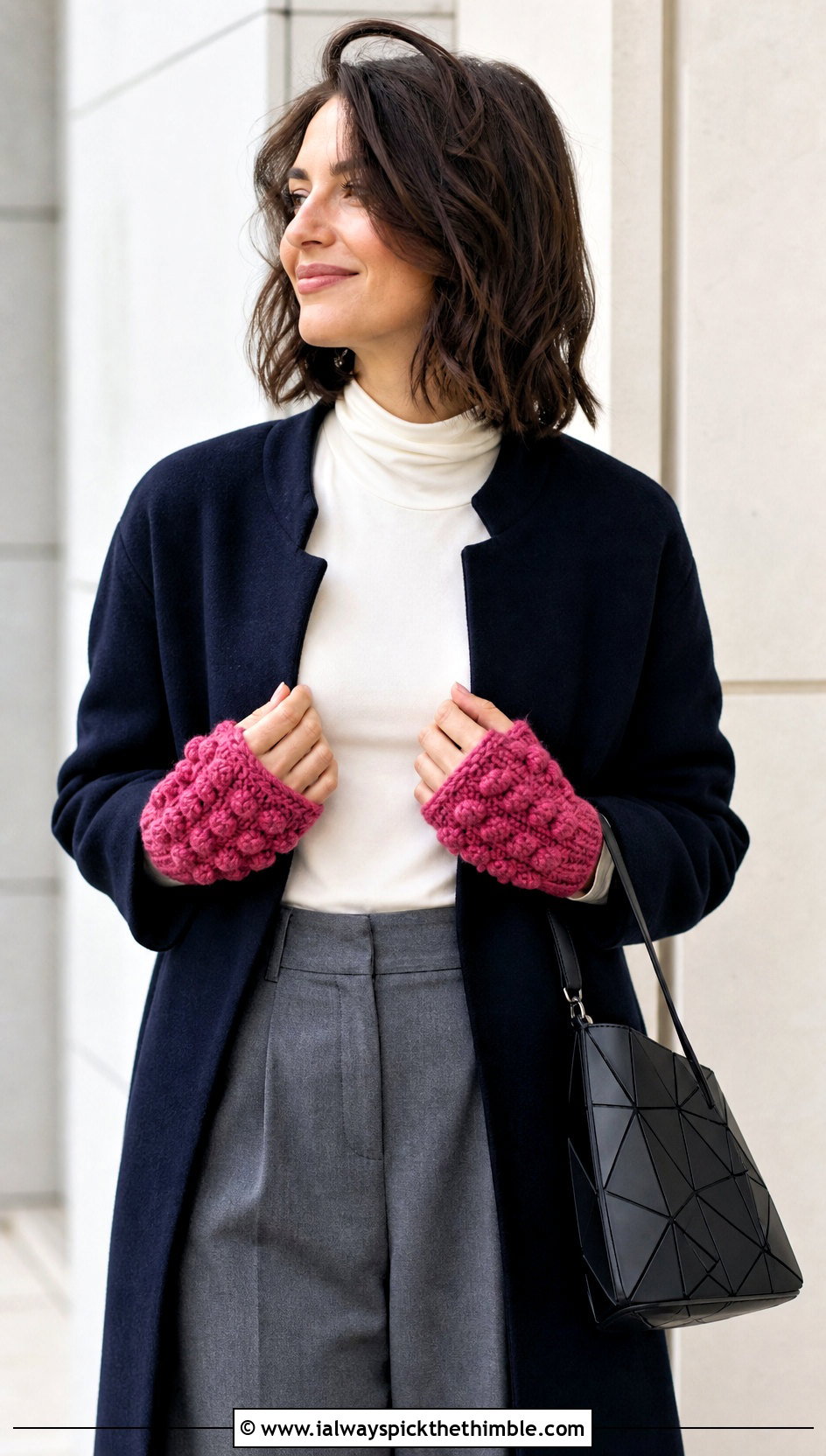 Bobble Stitch Hand Warmers With Minimalist Outfit - 25 Crochet Handwarmer outfit ideas