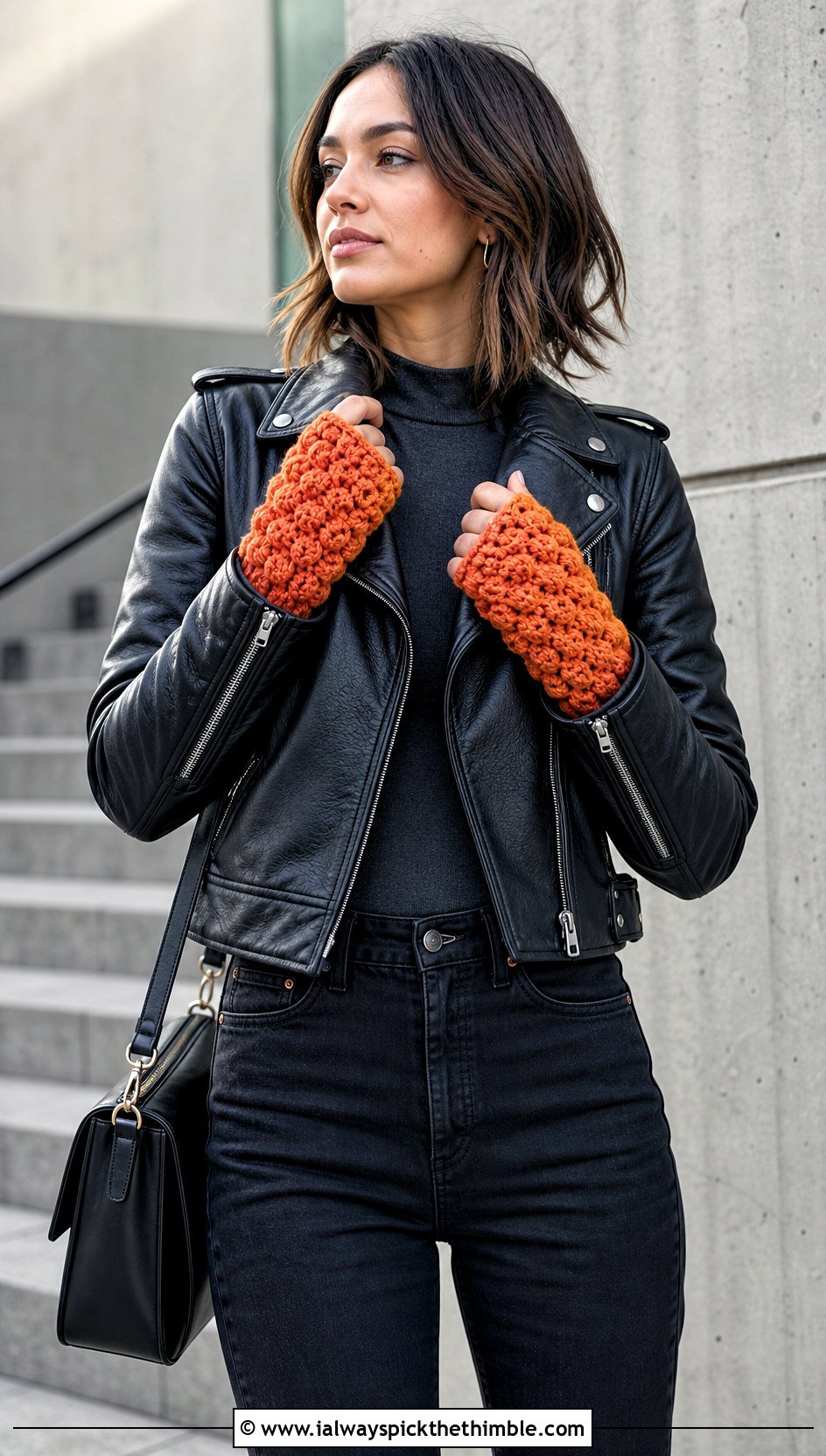 Bobble Stitch Handwarmers With Leather Jacket And Black Jeans - 25 crochet handwarmers outfit ideas