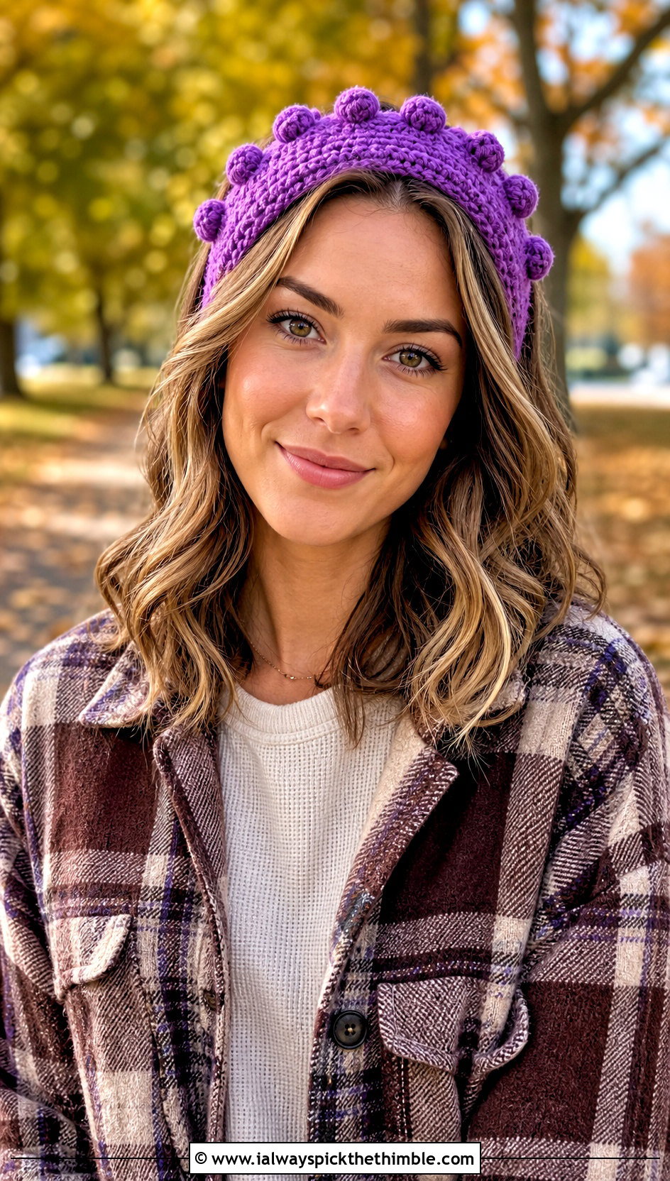 Bobble Stitch Headband With Shacket And Jeans - 20 Easy Crocheted Headbands Ear Warmers outfit ideas